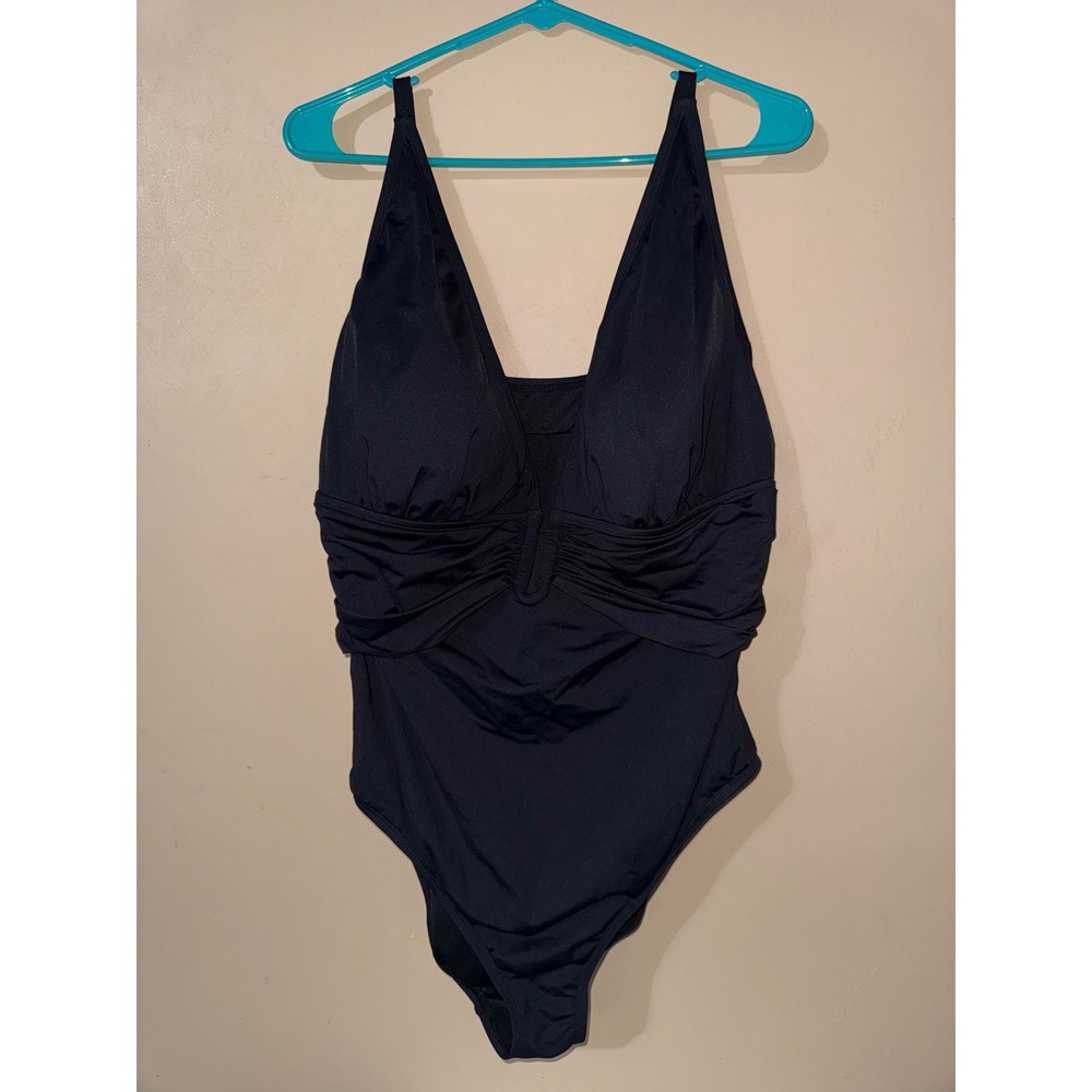 Bleu Rod Beattie Ruched Plunge One Piece Swimsuit Black 18W RBKK25705W NWT